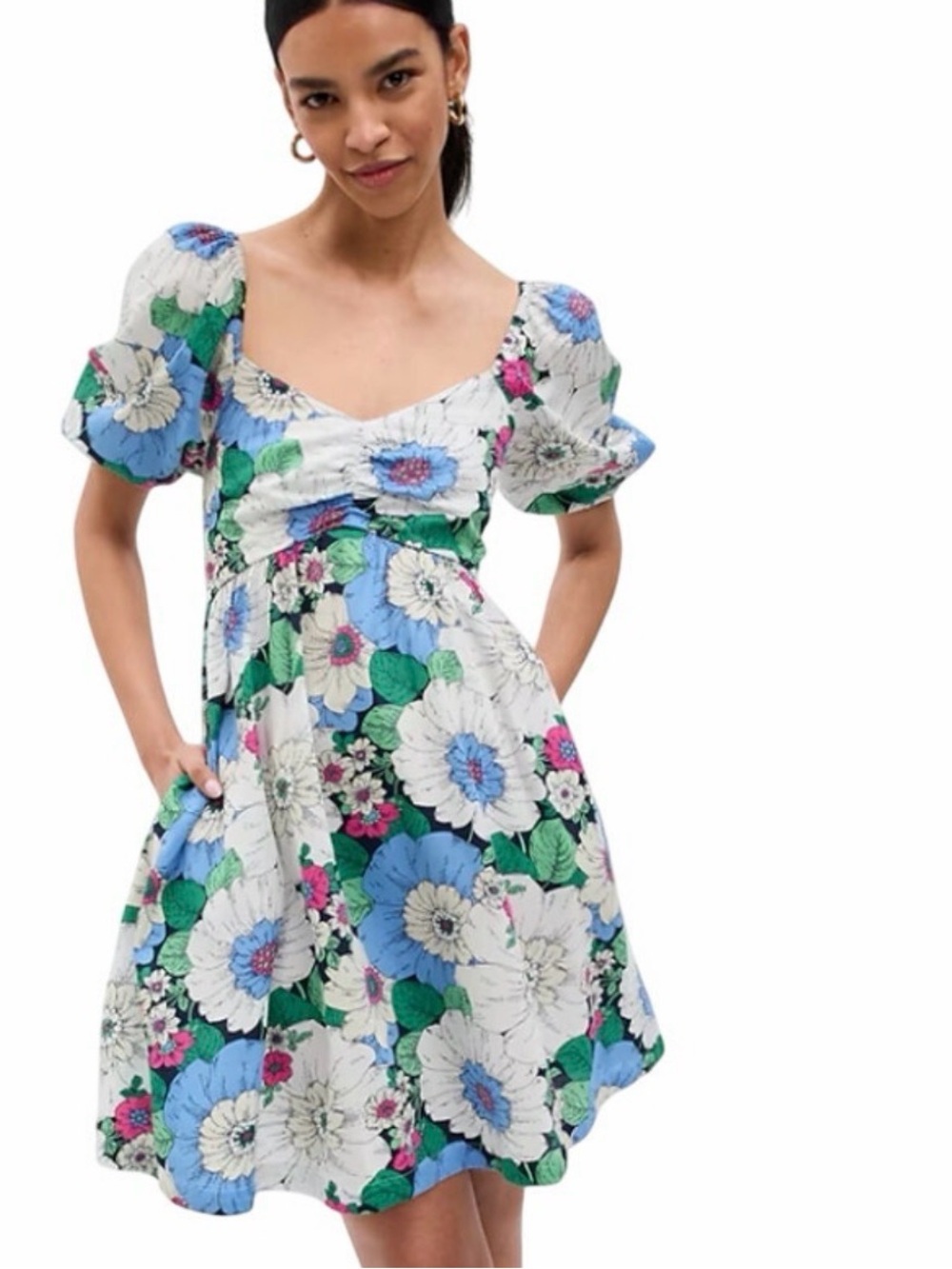Gap Floral Puff-Sleeve Mini Dress in White and Blue size small